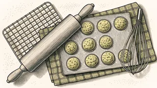 Freshly baked goods cooling on a kitchen counter.