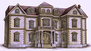 A crumbling manor house is reflected in dark water beside a guitar.