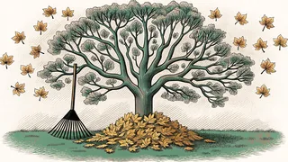 A maple tree with golden leaves, a rake, and a leaf pile in autumn.