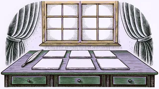 A merchant's study displays blank parchment sheets arranged on a wooden desk.