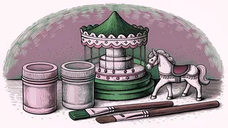 Paint pots and brushes rest beside a carousel horse with a music box nearby.