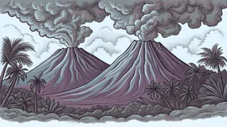 Volcanic mountains towering over lush jungle with smoke rising from the peaks.