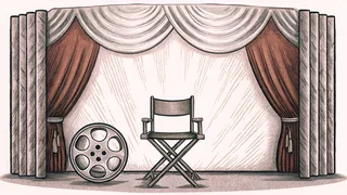A vintage film canister and director's chair are bathed in warm theatrical light against a dark backdrop.