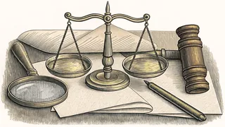 A magnifying glass and vintage scales suggest criminal investigation and evidence.