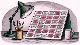 Animation artwork and artist's brushes in a studio setting under warm lighting.