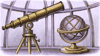 A brass telescope on a tripod next to an armillary sphere in an observatory.