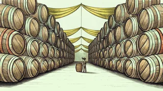 Stacked beer barrels in brewery with colorful festival banners displayed