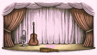 A blues club stage features a guitar at center with a harmonica and trumpet nearby under warm stage lighting.