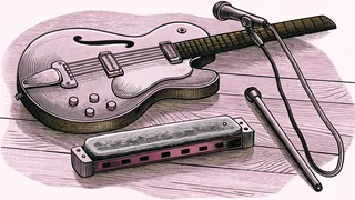 A blues guitar with a harmonica sits near a vintage microphone on a dimly lit stage.