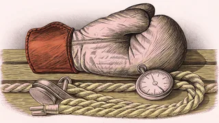 A leather boxing glove rests on ring ropes beside a referee's whistle and ticking stopwatch.