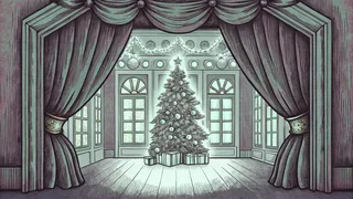 Iconic Christmas characters including Santa, elves, and fantastical figures assembled by a decorated tree.