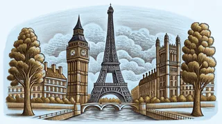 Eiffel Tower in Paris with Big Ben tower and Venice gondola canal visible
