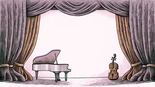 A grand piano with a violin and cello resting on a lamplit concert stage, in magenta pink.