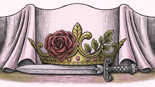 A crimson rose winds around a golden crown and jeweled sword evoking famous love stories.