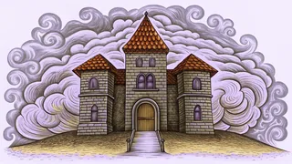A dark stone castle stands beneath swirling storm clouds over a barren hill.
