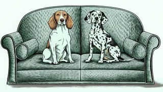 Two beloved animated dogs: a beagle and dalmatian relaxing together on a couch.