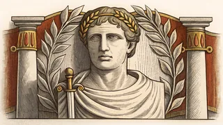 A classical marble bust of a Roman emperor wearing a golden laurel crown.