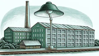 A tall factory chimney rises above a railway yard, with a brass desk lamp glowing in the foreground.