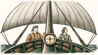 Explorers aboard a ship with compass and instruments discover distant lands.