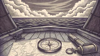 A vintage compass and charts on a ship's table with open ocean stretching beyond.
