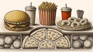 A collection of popular fast-food items including burgers, pizza, and chicken.