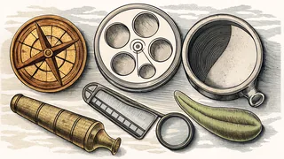 A brass compass, a mortar and pestle, a magnifying glass, and a pea pod sit together on a table.