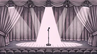 A microphone stand gleams amid musical instruments under colorful stage lights.