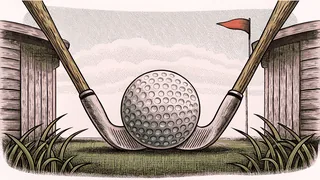 A golf ball and club rest on manicured grass beside a flag-marked hole.