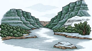 The Grand Canyon reveals dramatic rock formations and colorful striations carved by water.