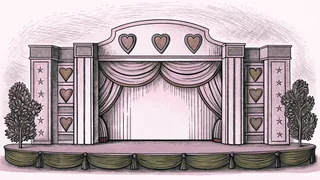 Red hearts and trophies illuminate a stage decorated for famous February birthdays.