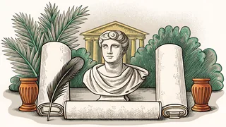 Ancient scrolls and a classical marble bust rest among philosophical texts and quills.