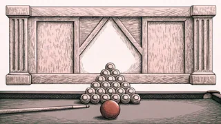 A pool cue and colored ball sit on green felt with chalk and a triangle rack.