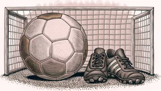 A scuffed soccer ball sits in front of an empty goal net beside a pair of worn boots.