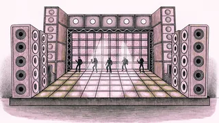 A dance floor lit by pulsing neon lights with speakers and silhouetted dancers.