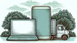 Modern consumer electronics including a laptop, smartphone, TV, truck, car.