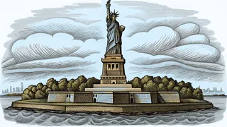 The Statue of Liberty towers on an island surrounded by misty harbor waters.