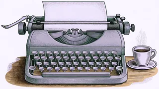 A vintage typewriter sits on an oak desk beside a steaming coffee cup and inkwell.