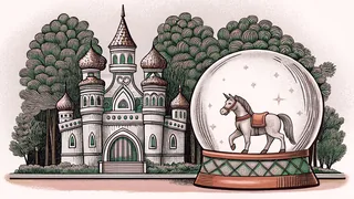A castle silhouette and carousel horse stand beside a snow globe on a shelf.