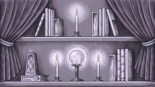 A magical study glows with an ornate wand, crystal orbs, and enchanted candles on floating shelves.