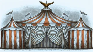 A red hawk circling above a colorful vintage circus tent.
