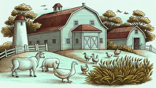 Farm animals including horses and sheep in a pasture.