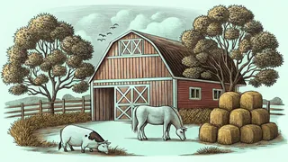 Farm animals including cows, horses, and sheep gathered in a pastoral setting.