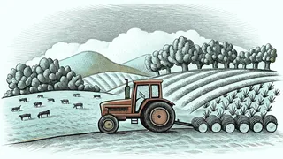 Farm machinery and animals in a rural landscape