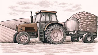 A sturdy red tractor with plow stands in harvested fields near hay baler equipment.