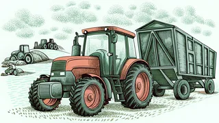 A farm with tractors and various agricultural machinery.