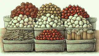 Fresh produce overflows from wicker baskets at a bustling market stall.