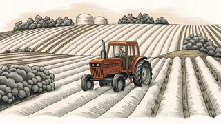 A farm with red tractor, plowed rows, livestock grazing, and irrigation channels.