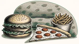 Classic fast-food favorites including burgers, pizza, and fries arrange on a casual dining tray.