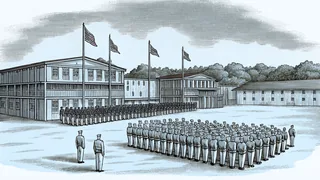 A military parade ground at Fort Bragg with flags flying.