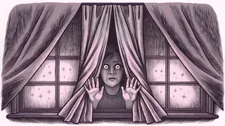 A frightened figure cowering in deep shadows with eerie glowing eyes watching.